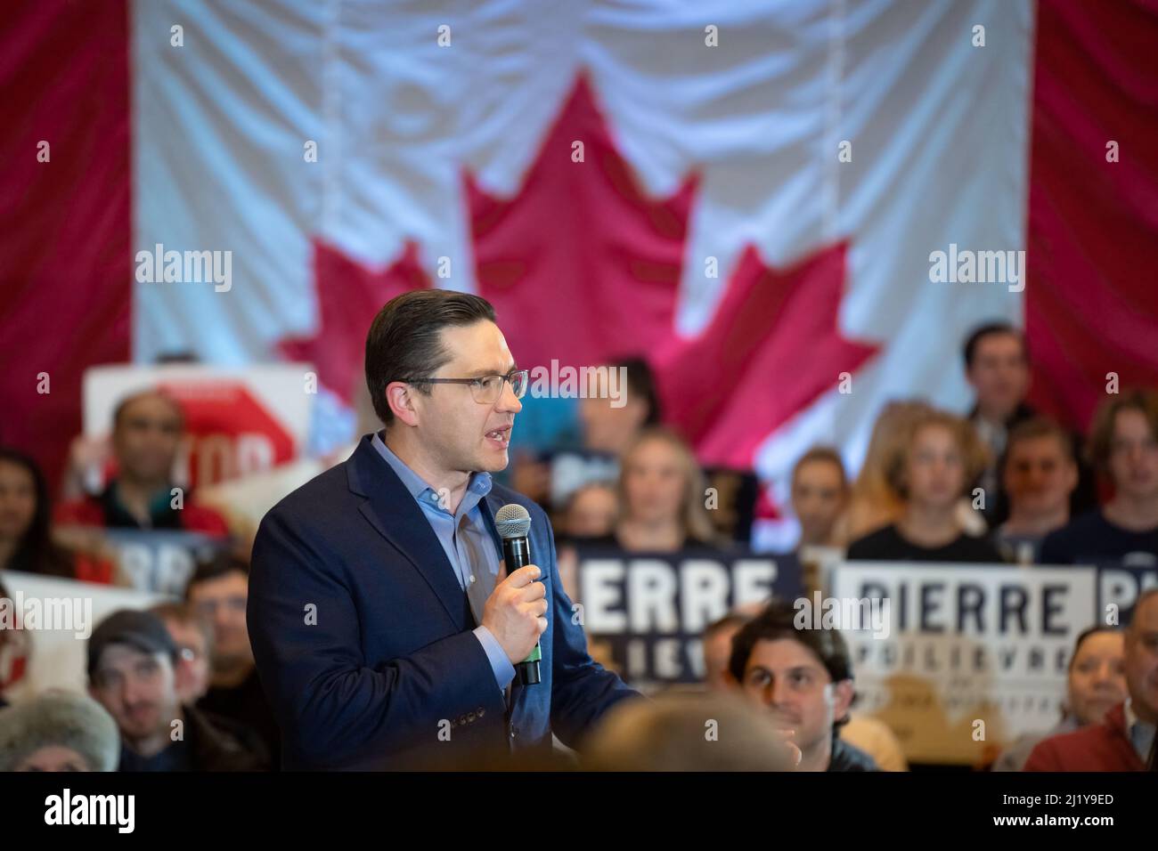 Shadow Minister for Finance and Conservative Party leadership candidate Pierre Poilievre gives a speech during a rally in North York, Ontario. Stock Photo