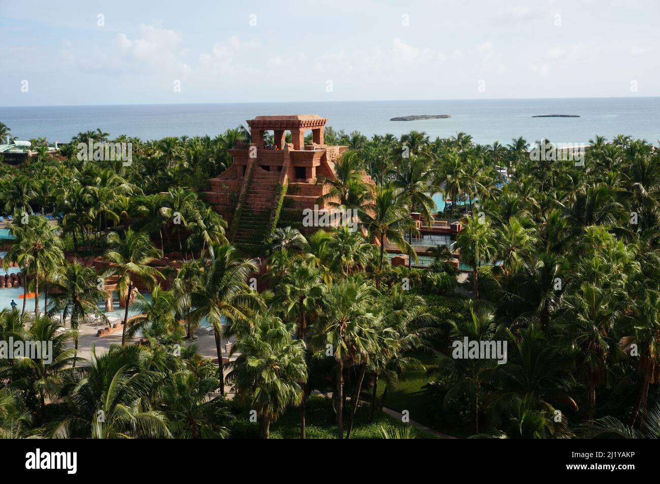 An aerial shot of Mayan Temple amusement park and palm trees in Nassau, Bahamas Stock Photo