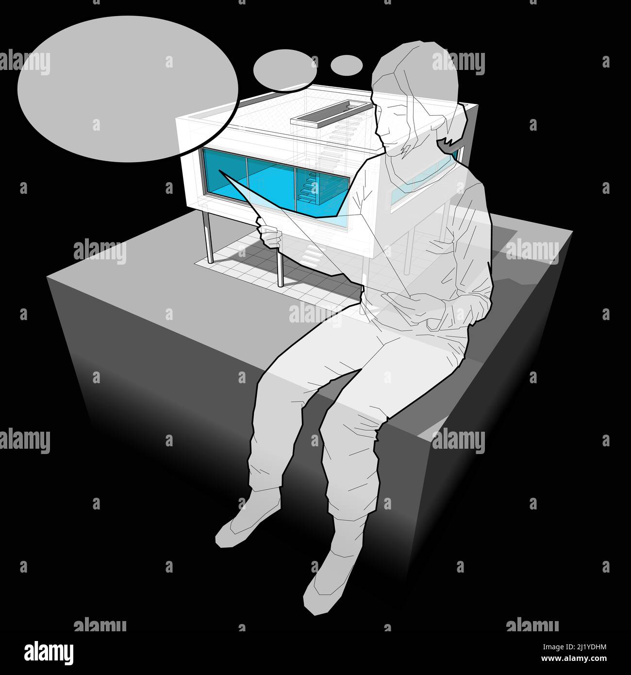 diagram of a modern house and sitting woman reading paper in front of it with comic thought bubble Stock Photo