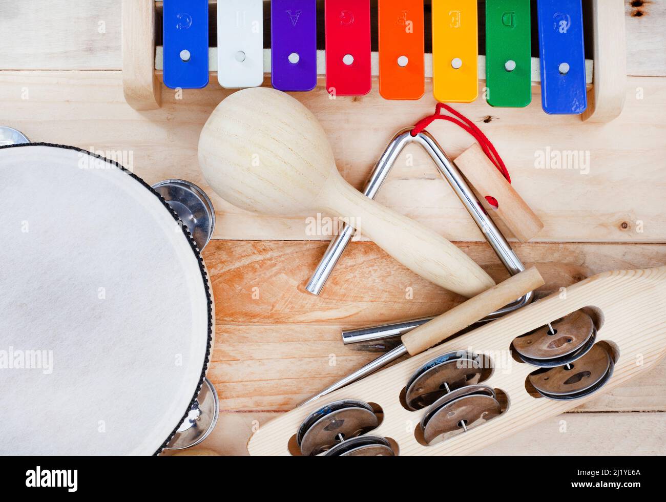 Wooden percussion instruments and colorful xylophone with high angle