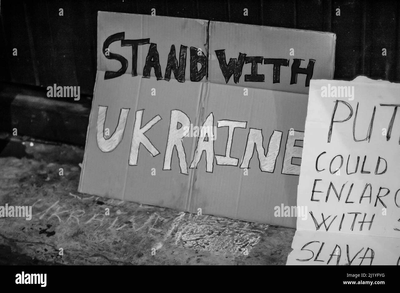 Placards outside the Embassy of the Russian Federation amid war in Ukraine Stock Photo