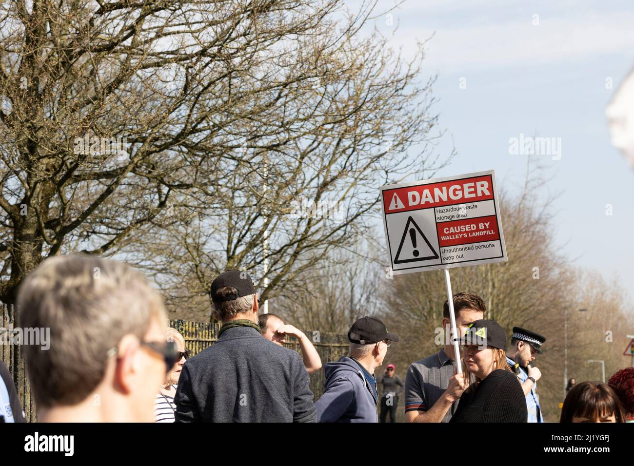 protesters demonstrating outside of walleys quarry waste landfill site Silverdale because of the rotten smell hence 'stop the stink' campaign Stock Photo