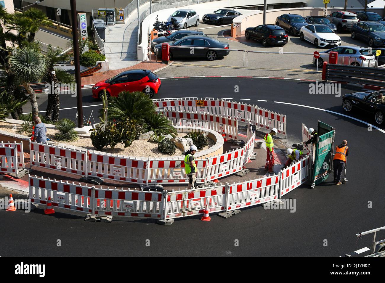 Monte Carlo, Monoco. 28 Mar 2022 - Workmen prepare at Grand Hotel Hairpin for Monte Carlo Grand Prix Formula 1 race. The race takes place on 29 May 2022. Credit Dinendra Haria /Alamy Live News Stock Photo