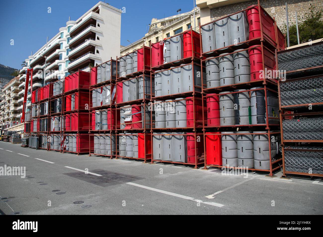 Monte Carlo, Monoco. 28 Mar 2022 - Piles of barriers for Monte Carlo Grand Prix Formula 1 race. The race takes place on 29 May 2022. Credit Dinendra Haria /Alamy Live News Stock Photo