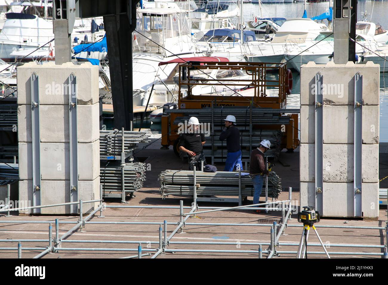Monte Carlo, Monoco. 28 Mar 2022 - Workmen prepare for Monte Carlo Grand Prix Formula 1 race. The race takes place on 29 May 2022. Credit Dinendra Haria /Alamy Live News Stock Photo