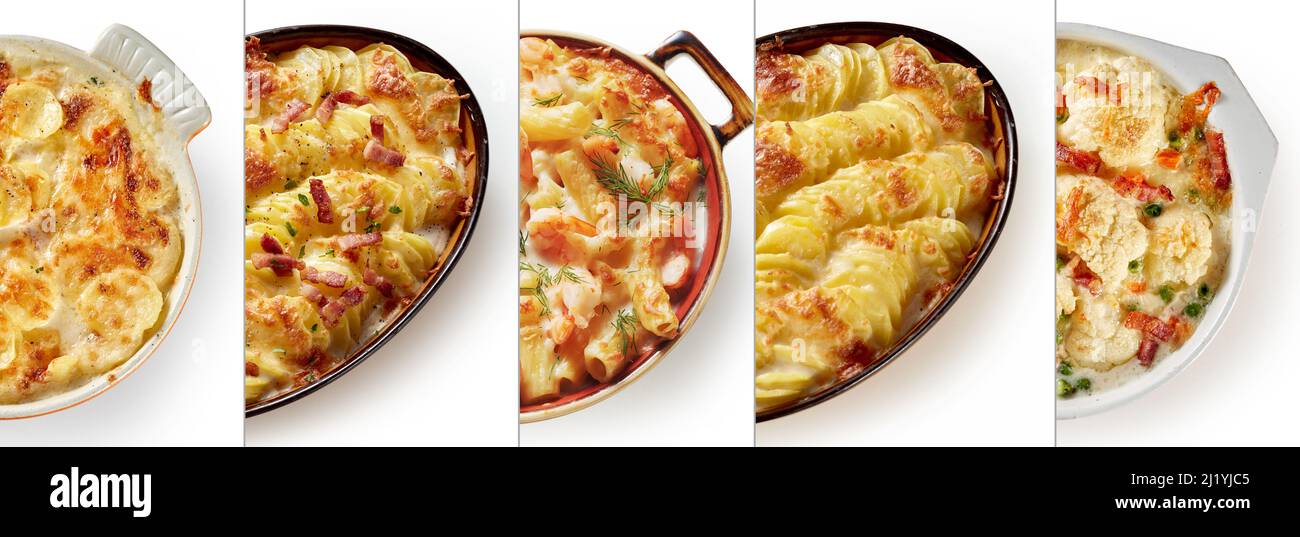 A row separated dishes of tasty of oven grilled pasta, Gratin
