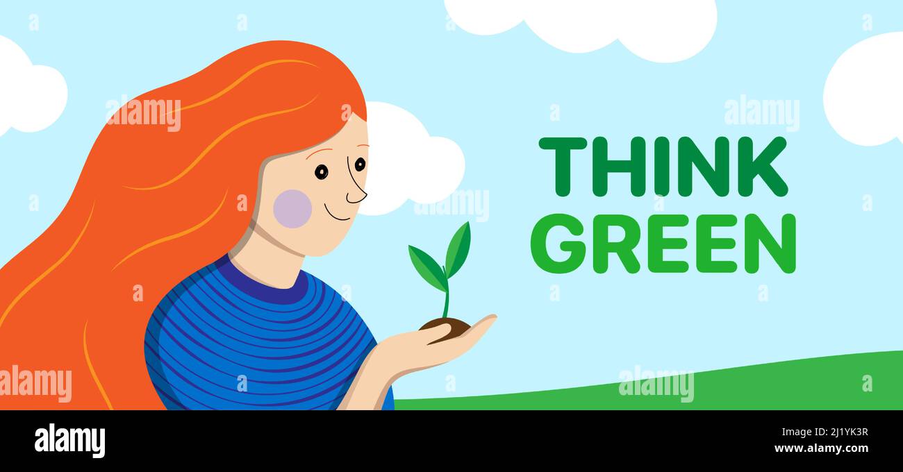 Young ginger girl holding a seedling in her hands. Planting, ecology, environment protection concept vector illustration. Stock Vector