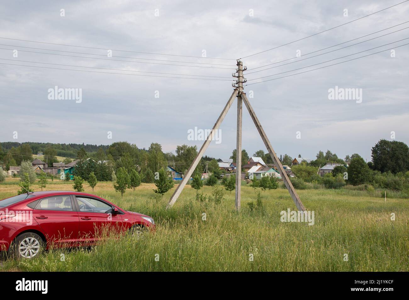 Electricity and lighting. Power line pylon in the countryside Stock ...