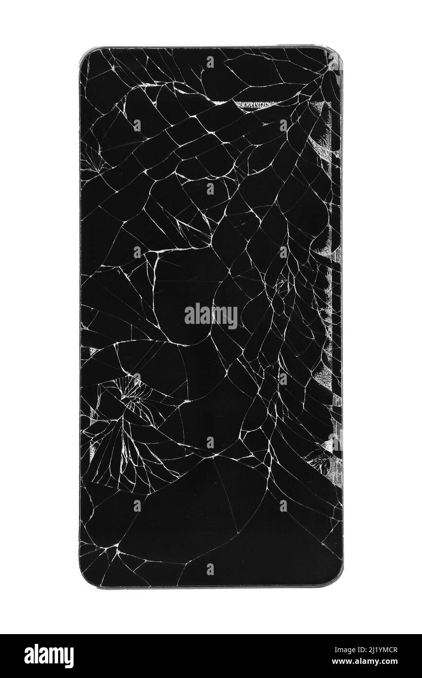 Smartphone with broken display isolated on white background. Stock Photo
