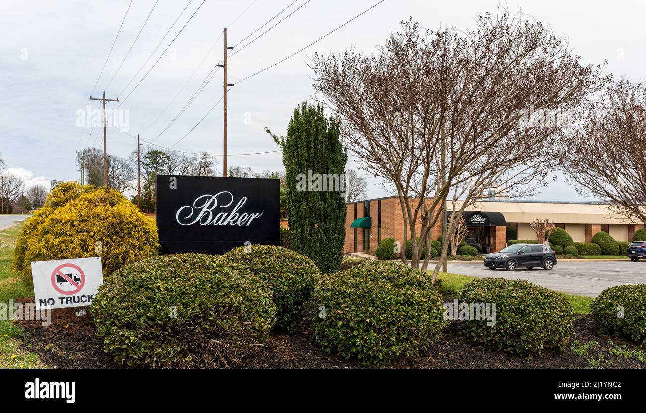 HILDEBRAN, NC, USA24 MARCH 2022 Baker Furniture Company, street sign