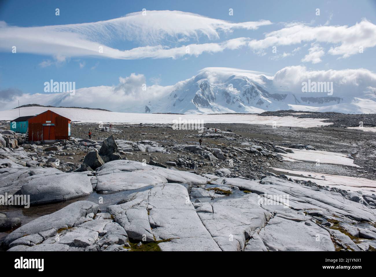 Damoy Point Huts, showing huge loss of ice cover on the beach , damoy