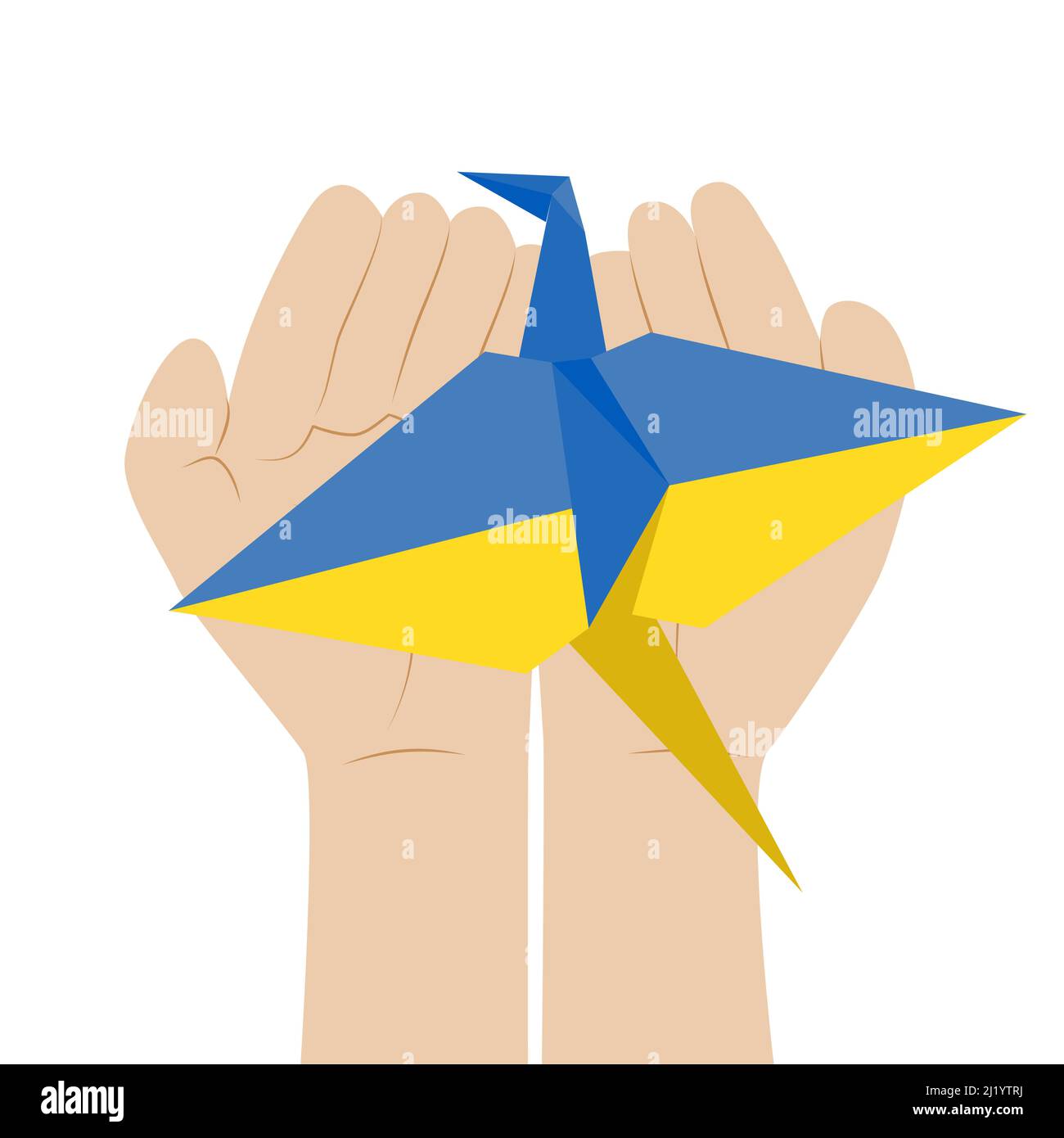 Paper origami crane in colors of Ukrainian flag on open childrens hands. Concept against war in Ukraine with Japanese symbol of peace and no war no bomb save kids lifes ideas vector illustration Stock Vector
