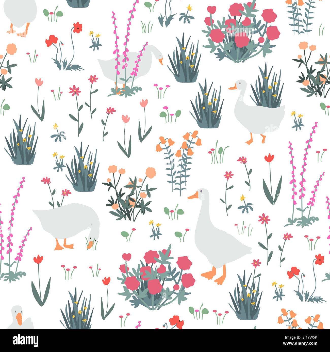 Cute seamless pattern with goose and doodle flowers. Geese in the spring garden. Vector illustration Stock Vector