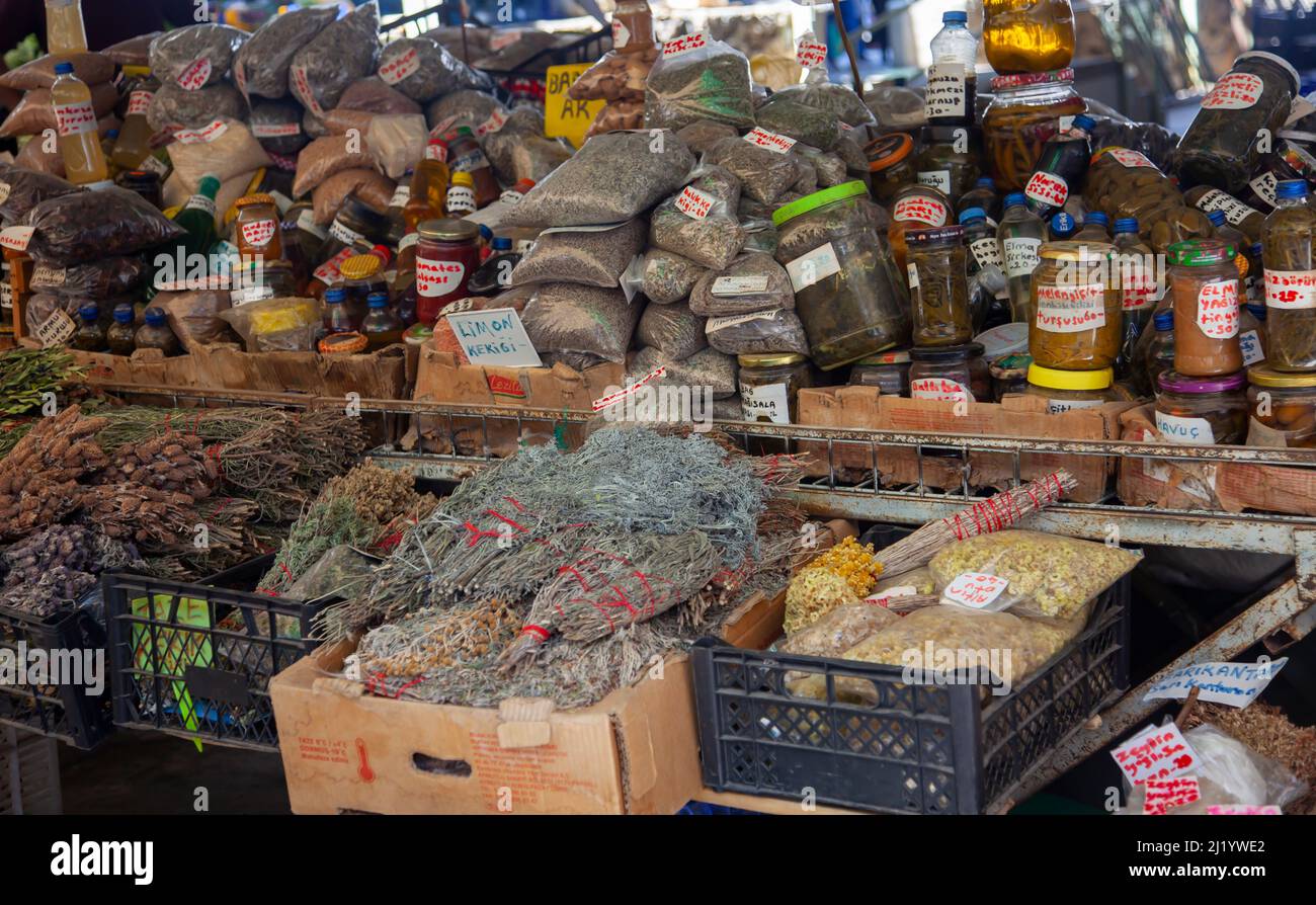 A stall at the local market with spices and herbs. Stock Photo