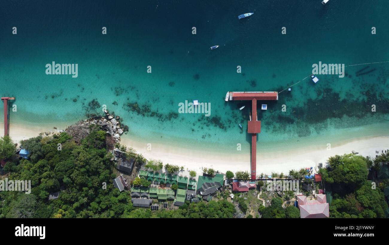 An aerial view of pier and rural houses surrounded with trees by the ...