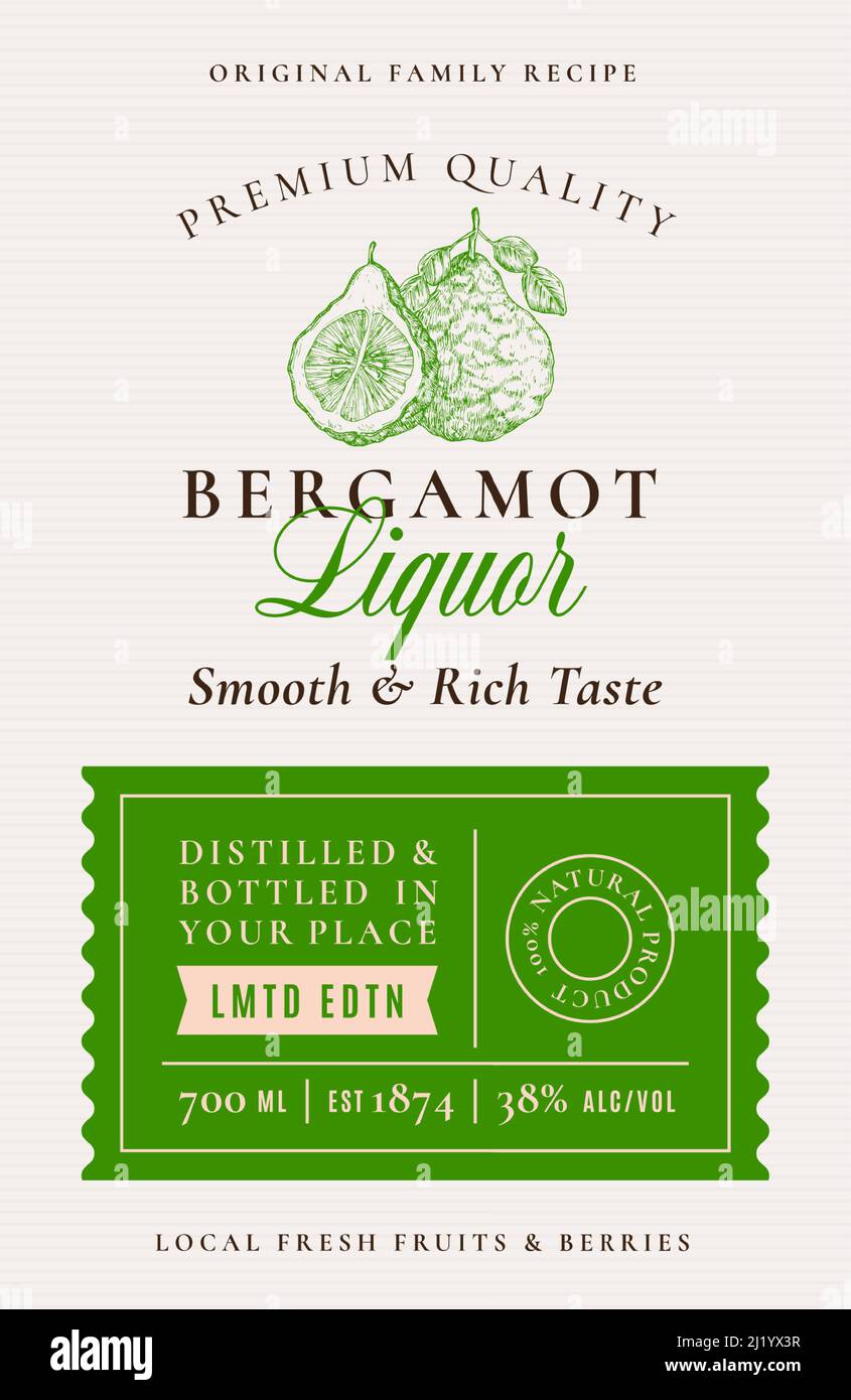 Family Recipe Bergamot Liquor Alcohol Label. Abstract Vector Packaging Design Layout. Modern Typography Banner with Hand Drawn Fruit with a Slice Stock Vector