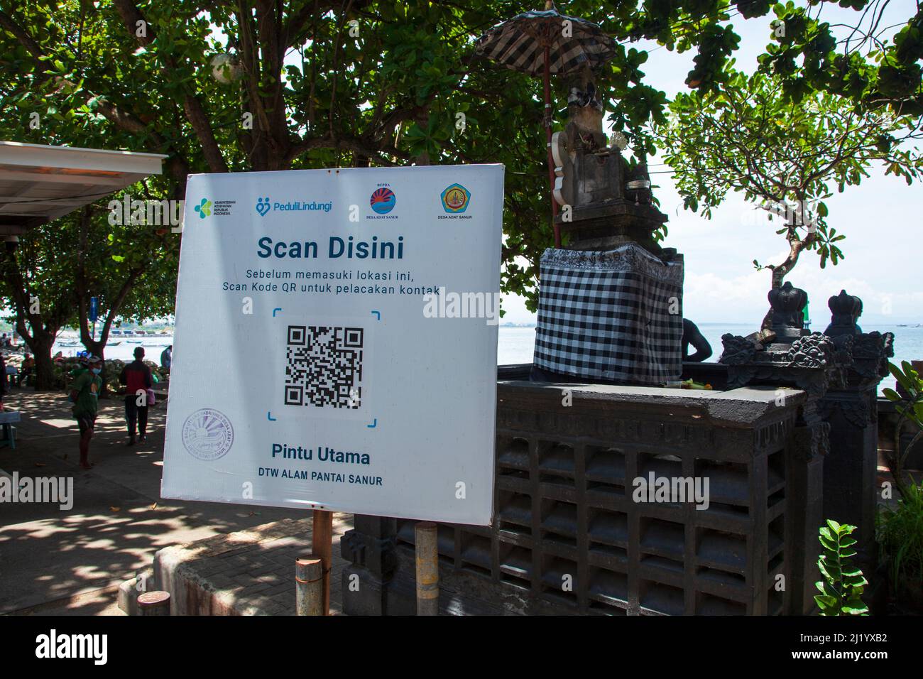 A sign with a QR Code near Sanur Port in north Sanur, Bali. Stock Photo