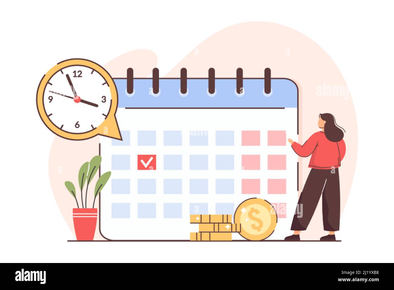 Flat personal financial bill payment calendar. Woman check pay schedule or payroll. Tax, loan, deadline debt or income due date concept. Payday in time for employee. Monthly budget or salary planning. Stock Vector