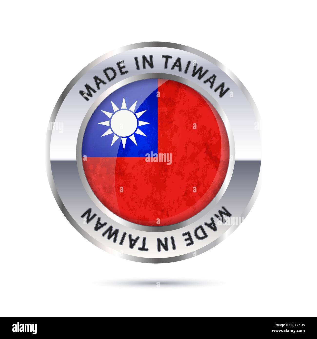 Glossy metal badge icon, made in Taiwan with flag Stock Vector