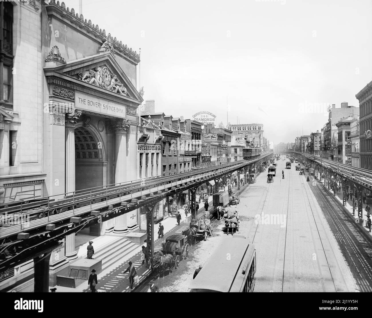 Street Scene and Elevated Train Tracks, Bowery, New York City, New York, USA, Detroit Publishing Company, 1905 Stock Photo