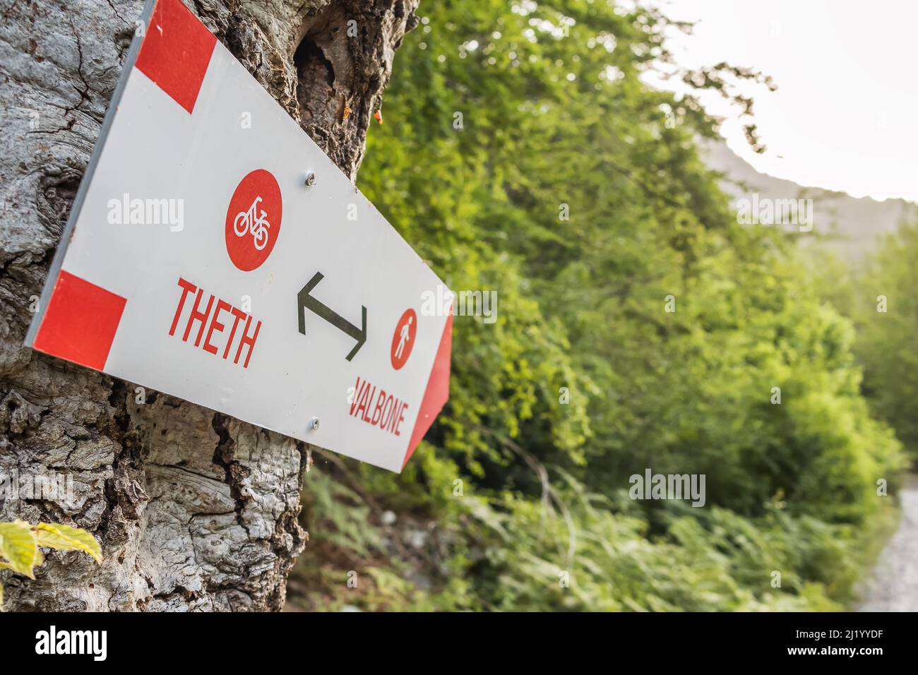 Theth to Valbona trek sign in Prokletije Mountains, Albania. Stock Photo