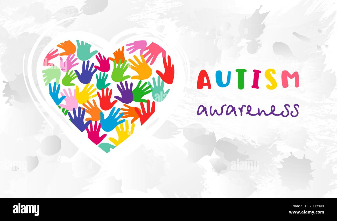 April 2 World Autism Awareness Day web banner. 02 April holiday. Coloured kids palms creative heart logo idea. Isolated abstract graphic design Stock Vector