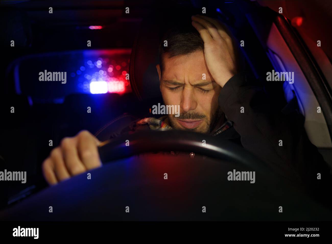 Road police car with flashing lights stopped man driver because of