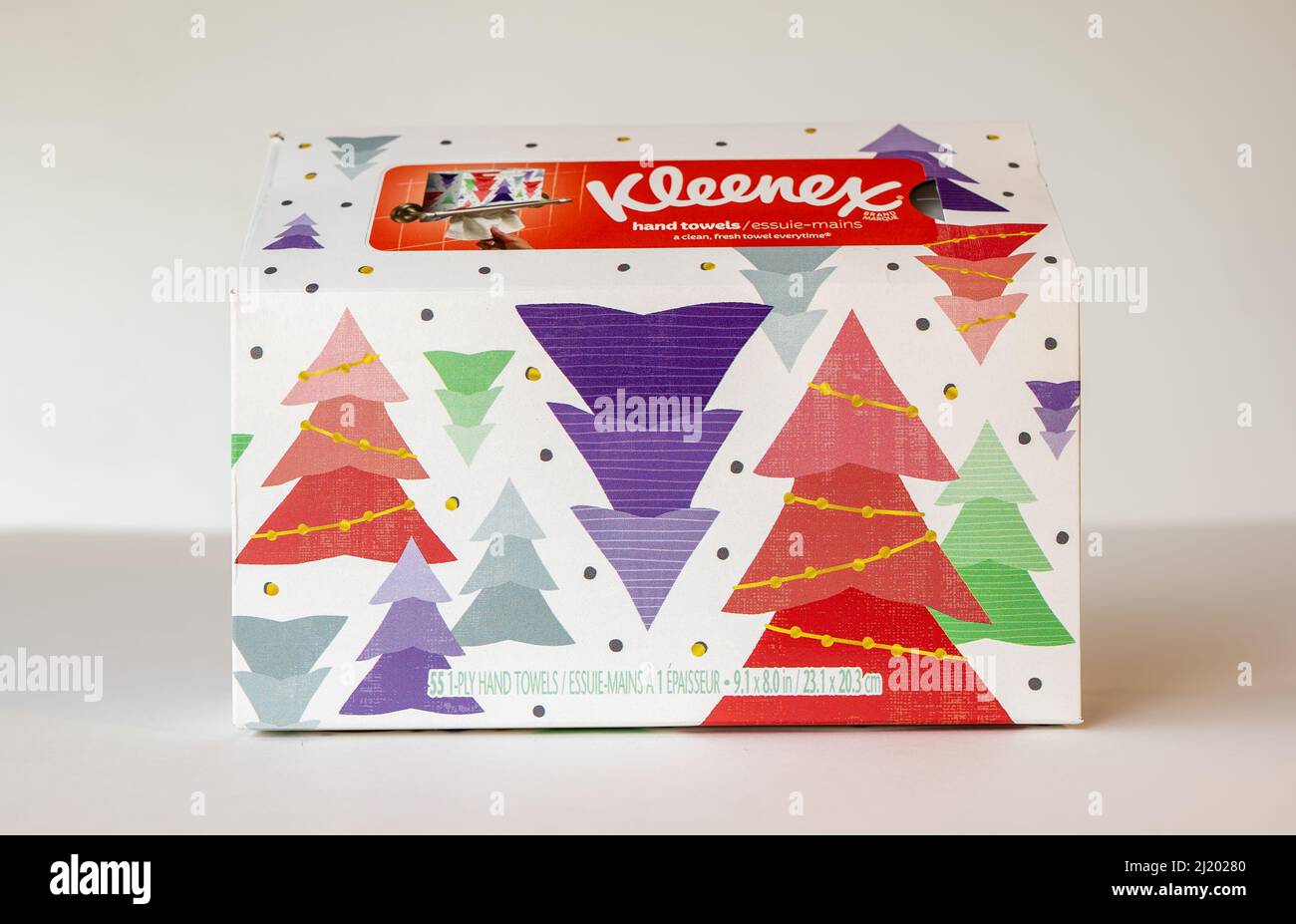 BEMIDJI, MN - 17 NOV 2020: Box of Kleenex paper disposable hand towels with Christmas trees.. Kleenex is an American Tissue and paper product company Stock Photo