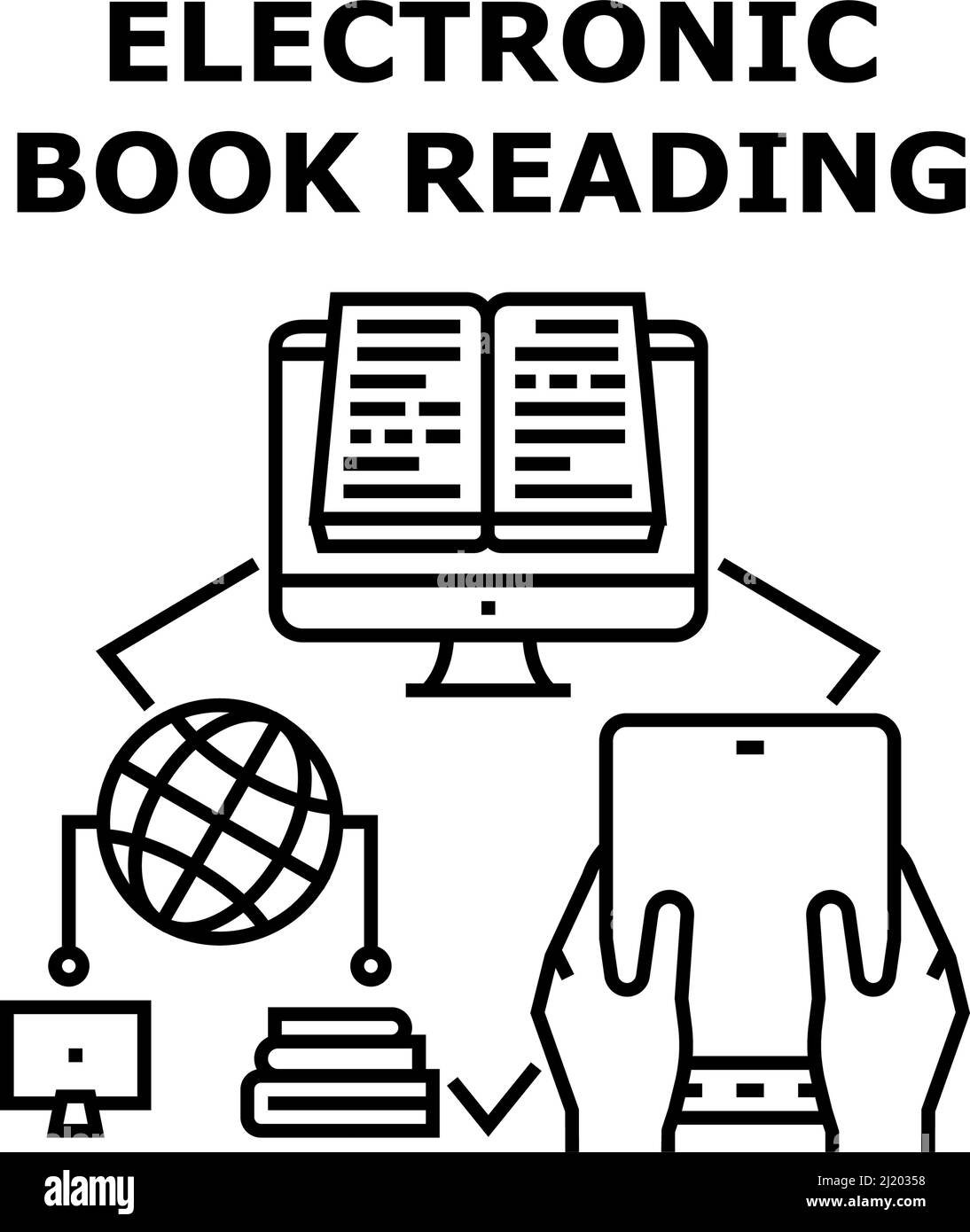 Electronic Book Reading Vector Black Illustration Stock Vector Image