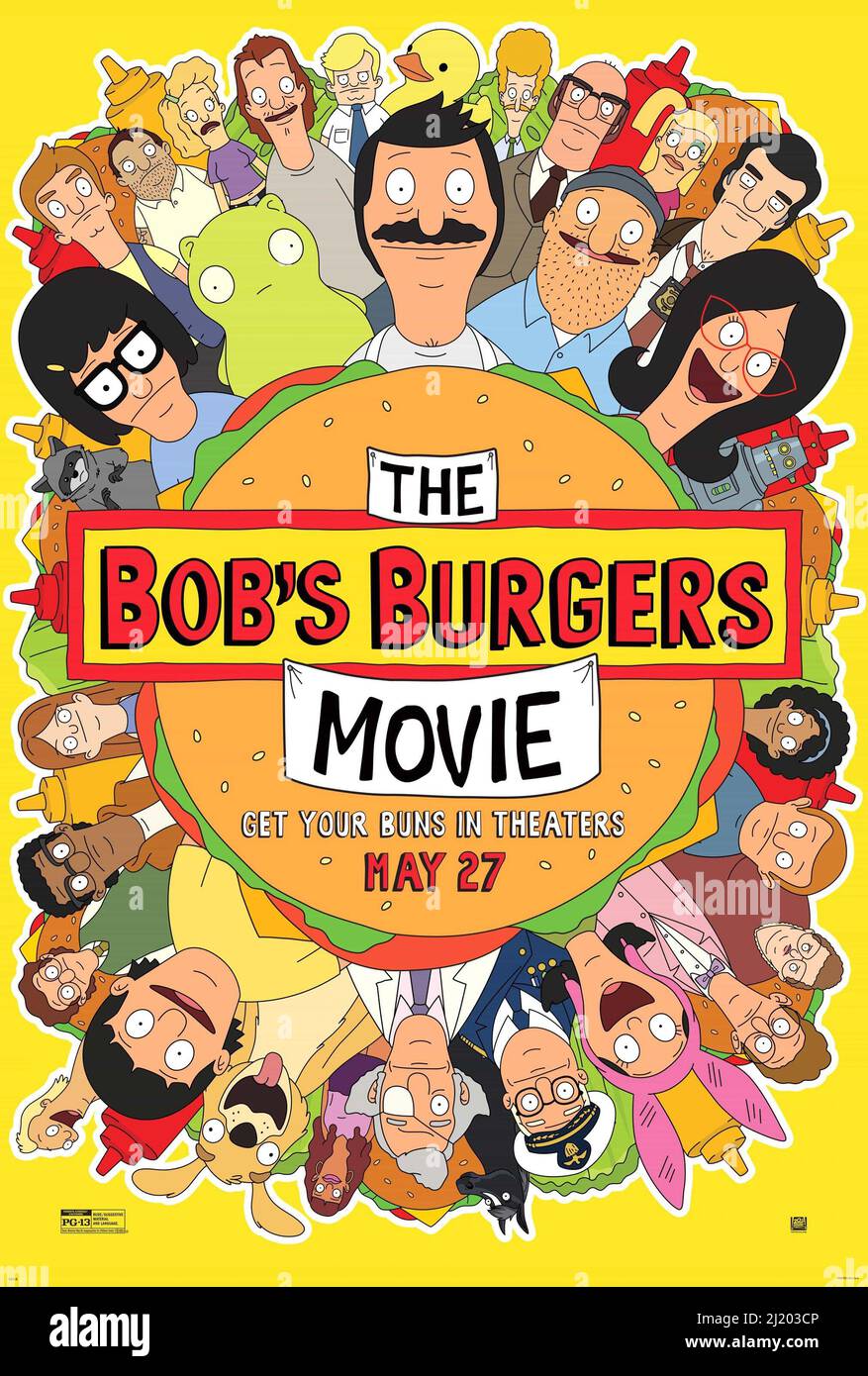 THE BOB'S BURGERS MOVIE, (aka BOB'S BURGERS: THE MOVIE), US poster, large  faces, clockwise, from top: Bob Belcher (voice: H. Jon Benjamin), Linda  Belcher (voice: John Roberts), Louise Belcher (voice: Kristen Schaal),