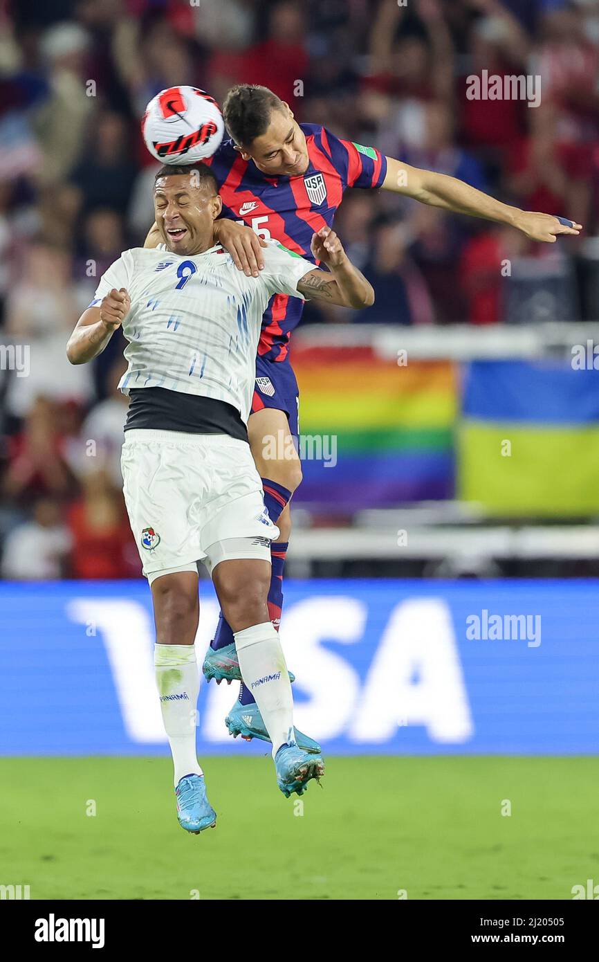 March 27, 2022: Panama forward GABRIEL TORRES (9) in action with a header against United States defender AARON LONG (15) during the USMNT vs Panama Concacaf FIFA World Cup qualifying match at Exploria Stadium. USA won 5:1. (Credit Image: © Cory Knowlton/ZUMA Press Wire) Stock Photo