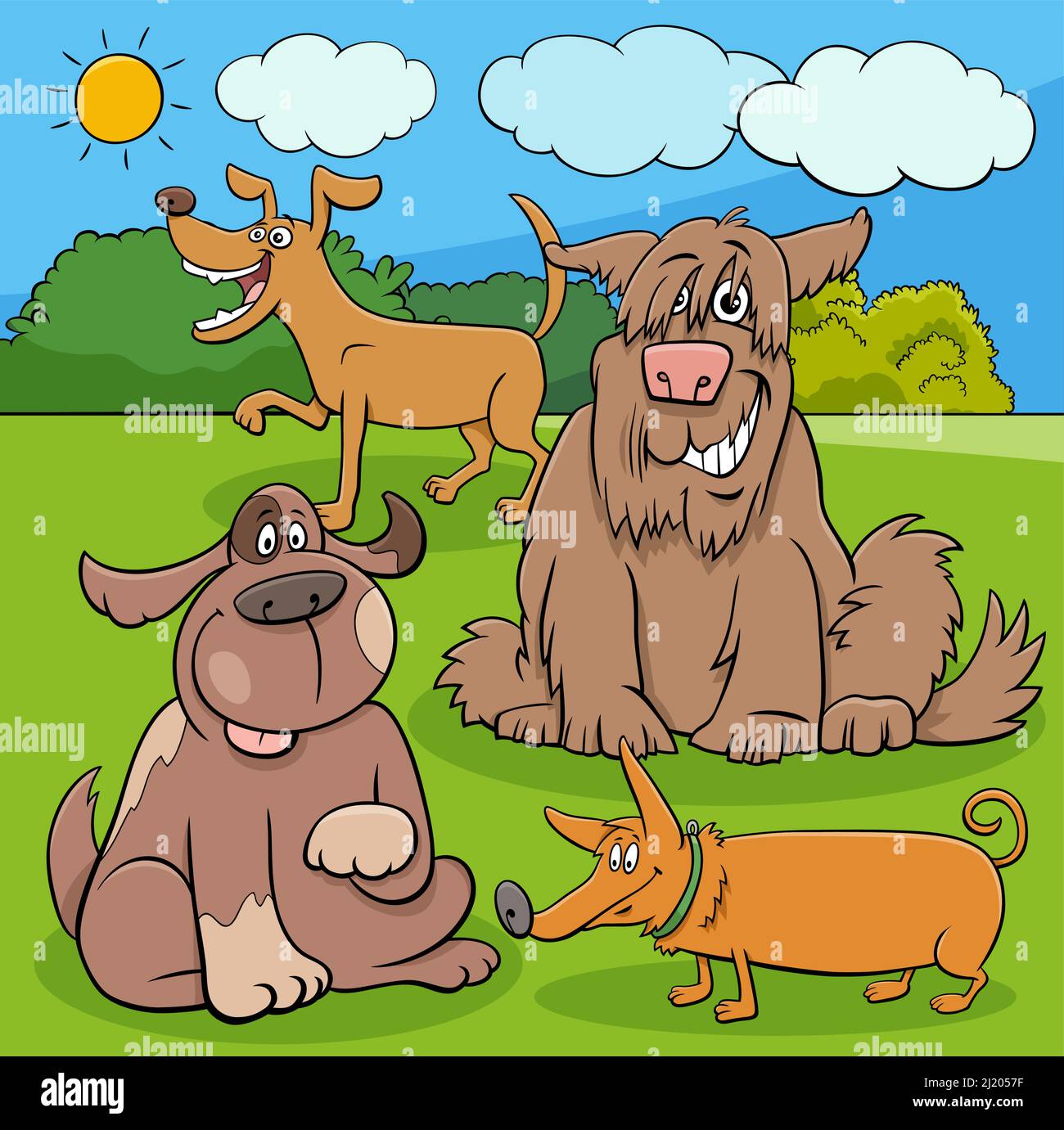 Cartoon illustration of funny playful dogs animal characters in the park Stock Vector