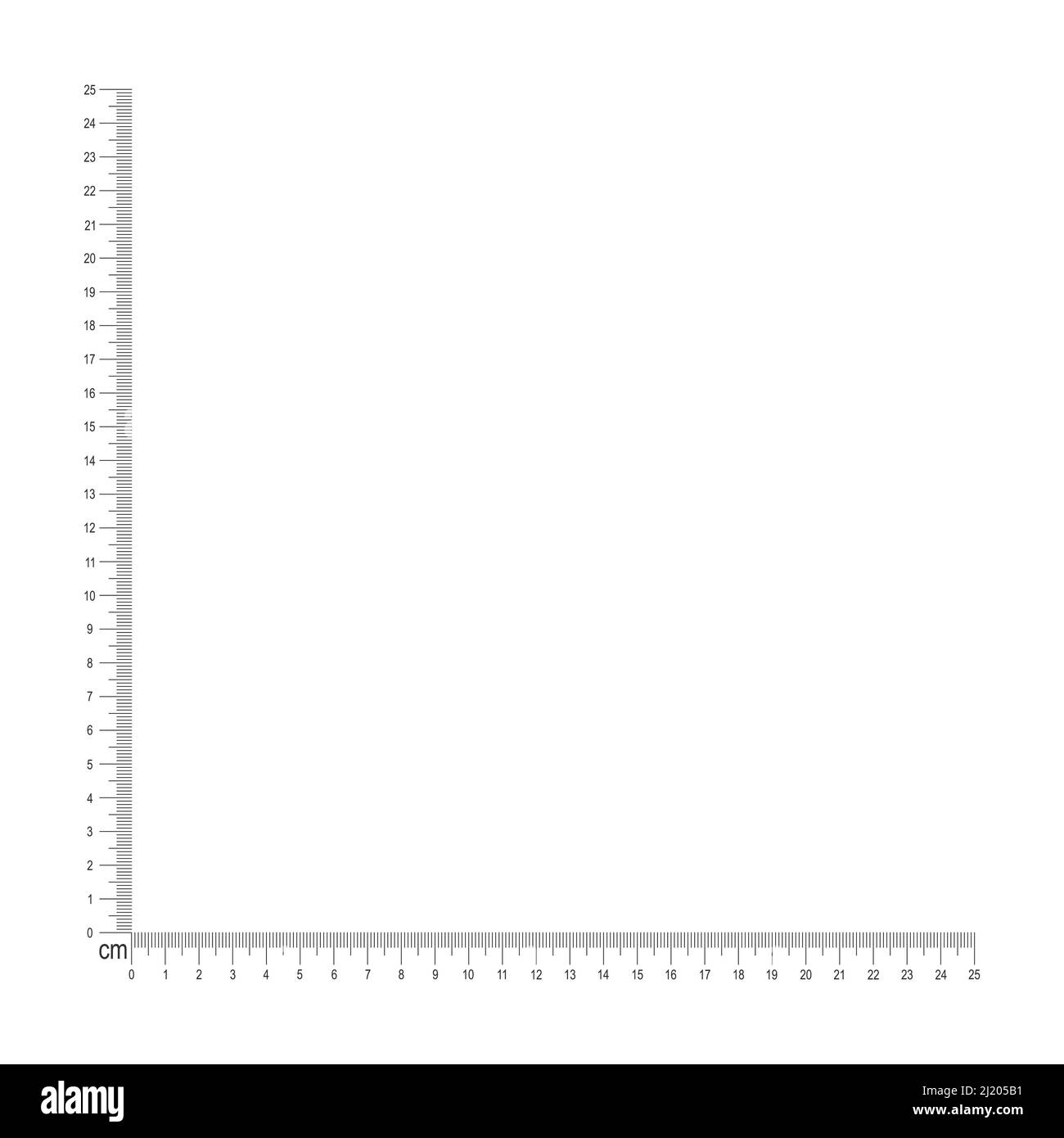 25 centimeters corner ruler template. Measuring tool with vertical and horizontal lines with cm and mm markup and numbers. Vector graphic illustration isolated on white background Stock Vector