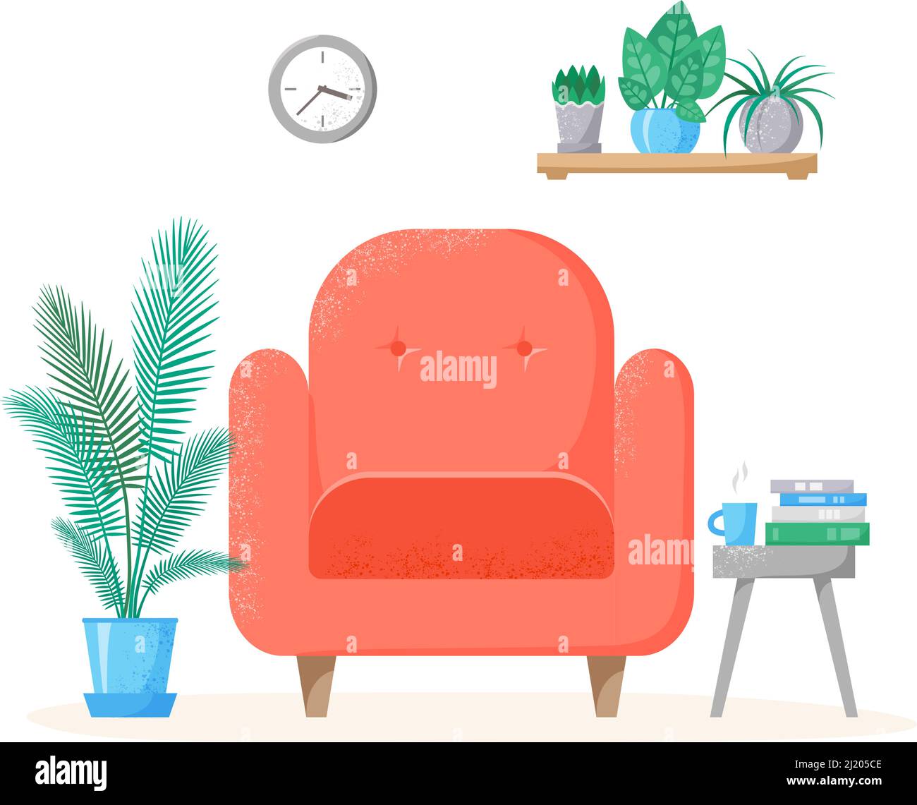 Living room interior with red chair, home plants in pots, table and books. Sweet home illustration. Flat style vector  Stock Vector