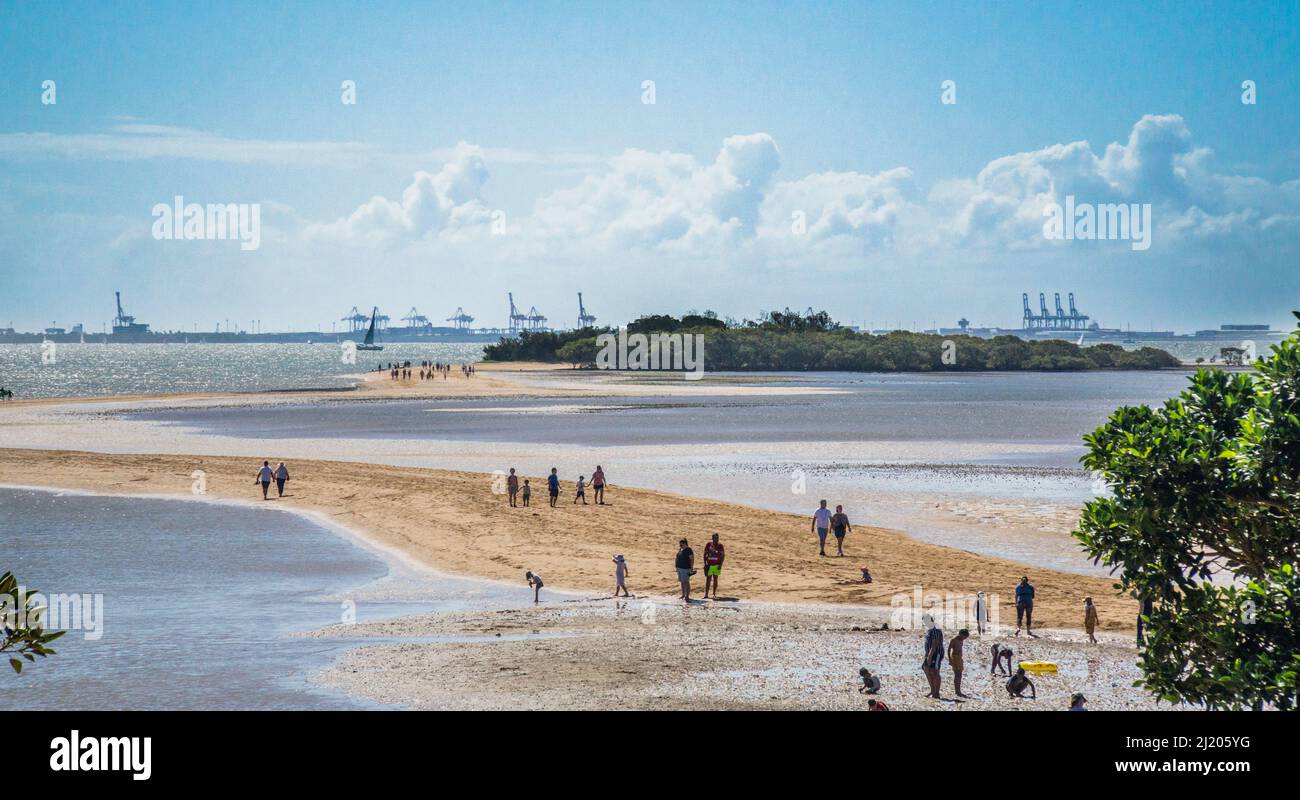 low tide sand causeway between the Wellington Point and King Island, Southern Moreton Bay, City of Redland, Queensland, Australia Stock Photo