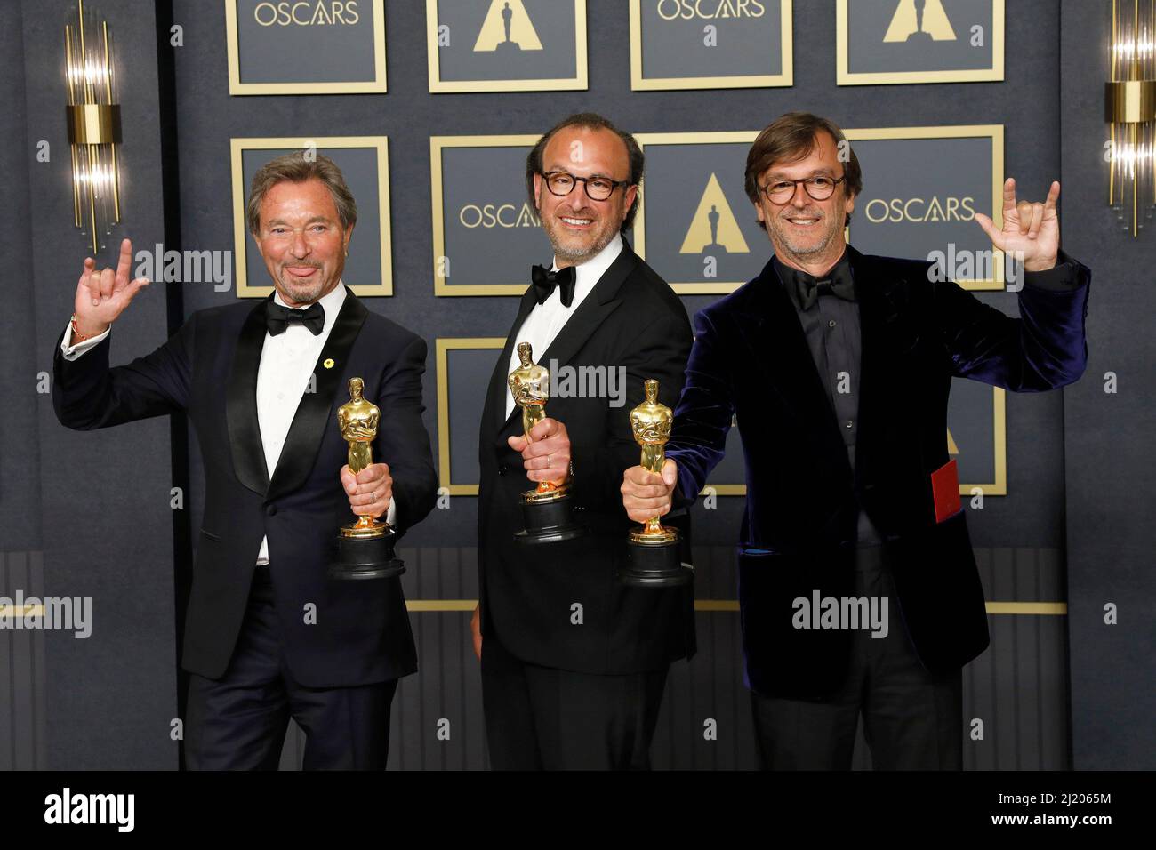 Los Angeles, CA. 27th Mar, 2022. Best Picture, CODA, Philippe Rousselet, Fabrice Gianfermi, Patrick Wachsberger in the press room for 94th Academy Awards - Press Room, Dolby Theatre, Los Angeles, CA March 27, 2022. Credit: Priscilla Grant/Everett Collection/Alamy Live News Stock Photo