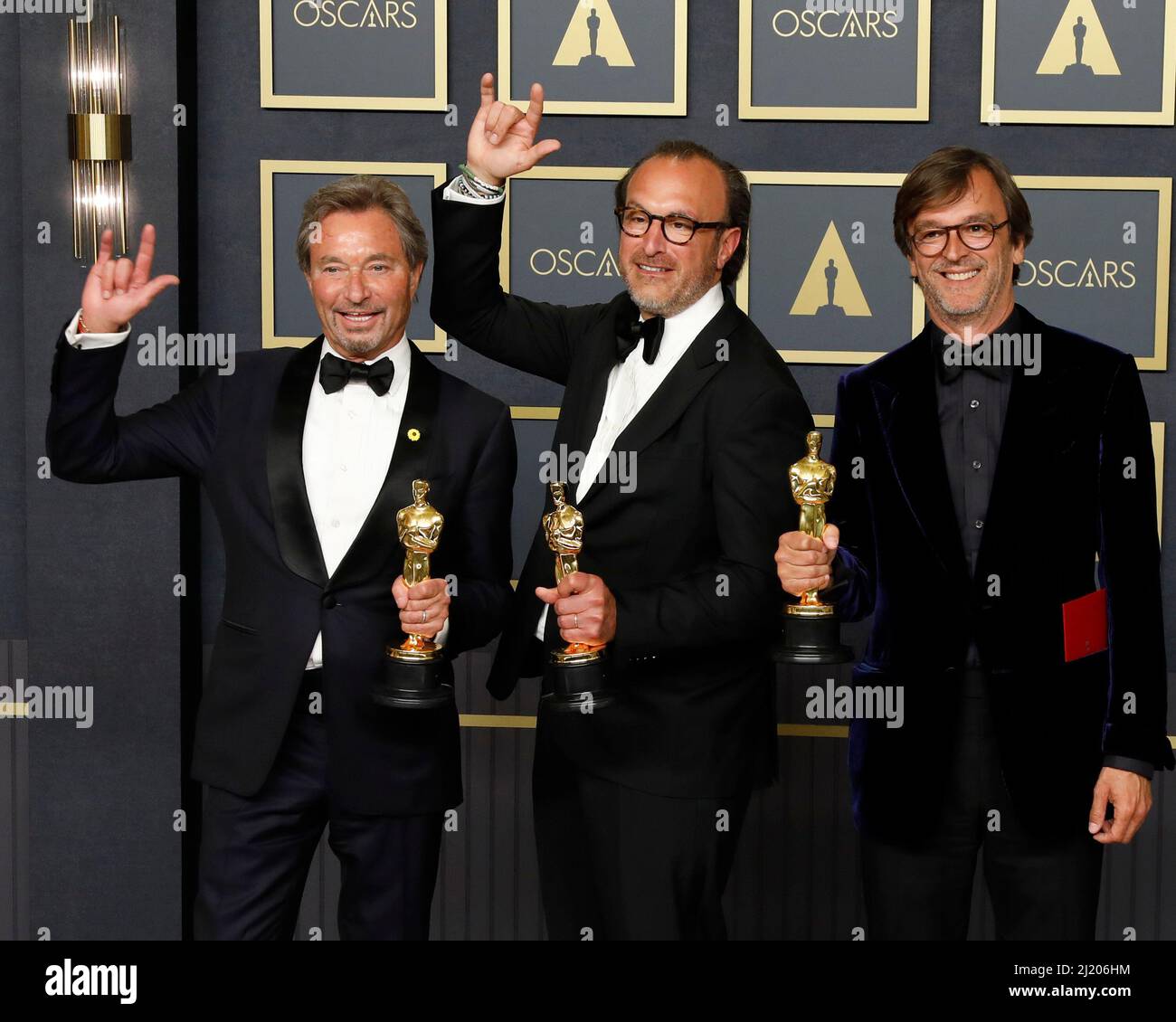 LOS ANGELES - MAR 27:  Best Picture, CODA, Philippe Rousselet, Fabrice Gianfermi, Patrick Wachsberger at the 94th Academy Awards at Dolby Theater on March 27, 2022 in Los Angeles, CA Stock Photo