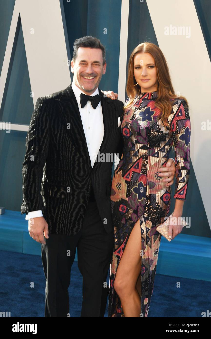 Jon Hamm and Anna Osceola attend the 2022 Vanity Fair Oscar Party at ...