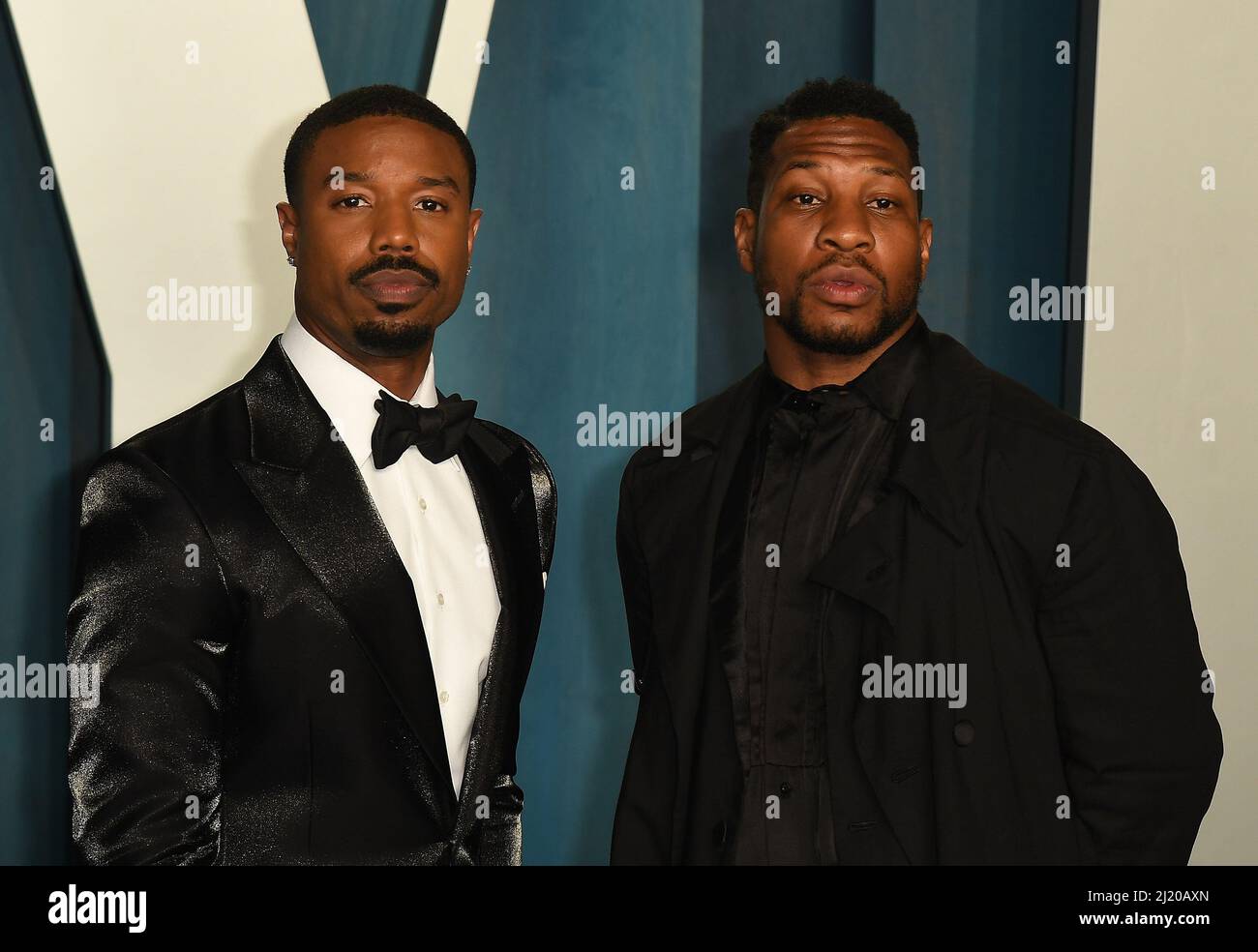 Michael B. Jordan, Jonathan Majors attend the 2022 Vanity Fair Oscar Party  at the Wallis Annenberg Center for the Performing Arts on March 27, 2022 in  Beverly Hills, California. Photo: Casey Flanigan/imageSPACE