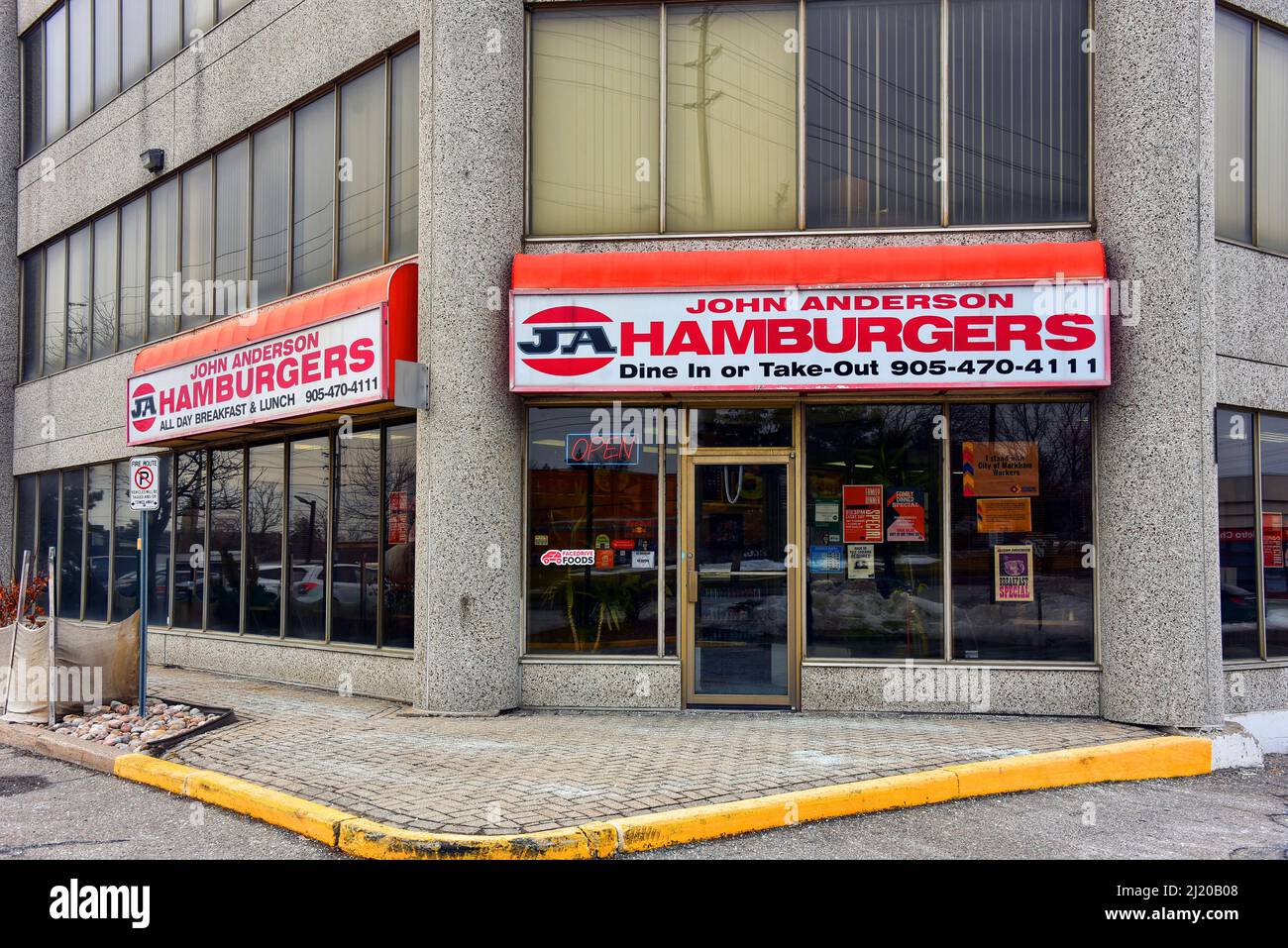 Markham, Canada - March 14, 2022: John Anderson Hamburgers on 14th Avenue is a diner and burger joint named after Anderson who played for the Toronto Stock Photo