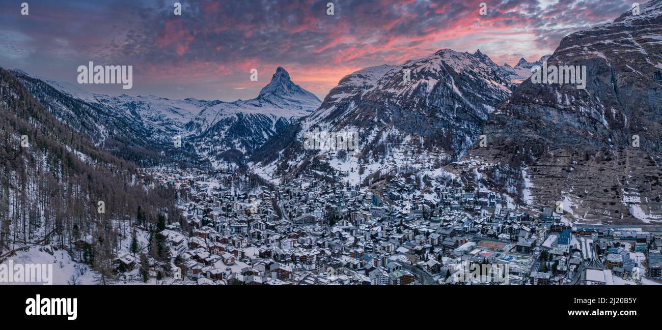Aerial View on Zermatt Valley and Matterhorn Peak Stock Photo - Alamy