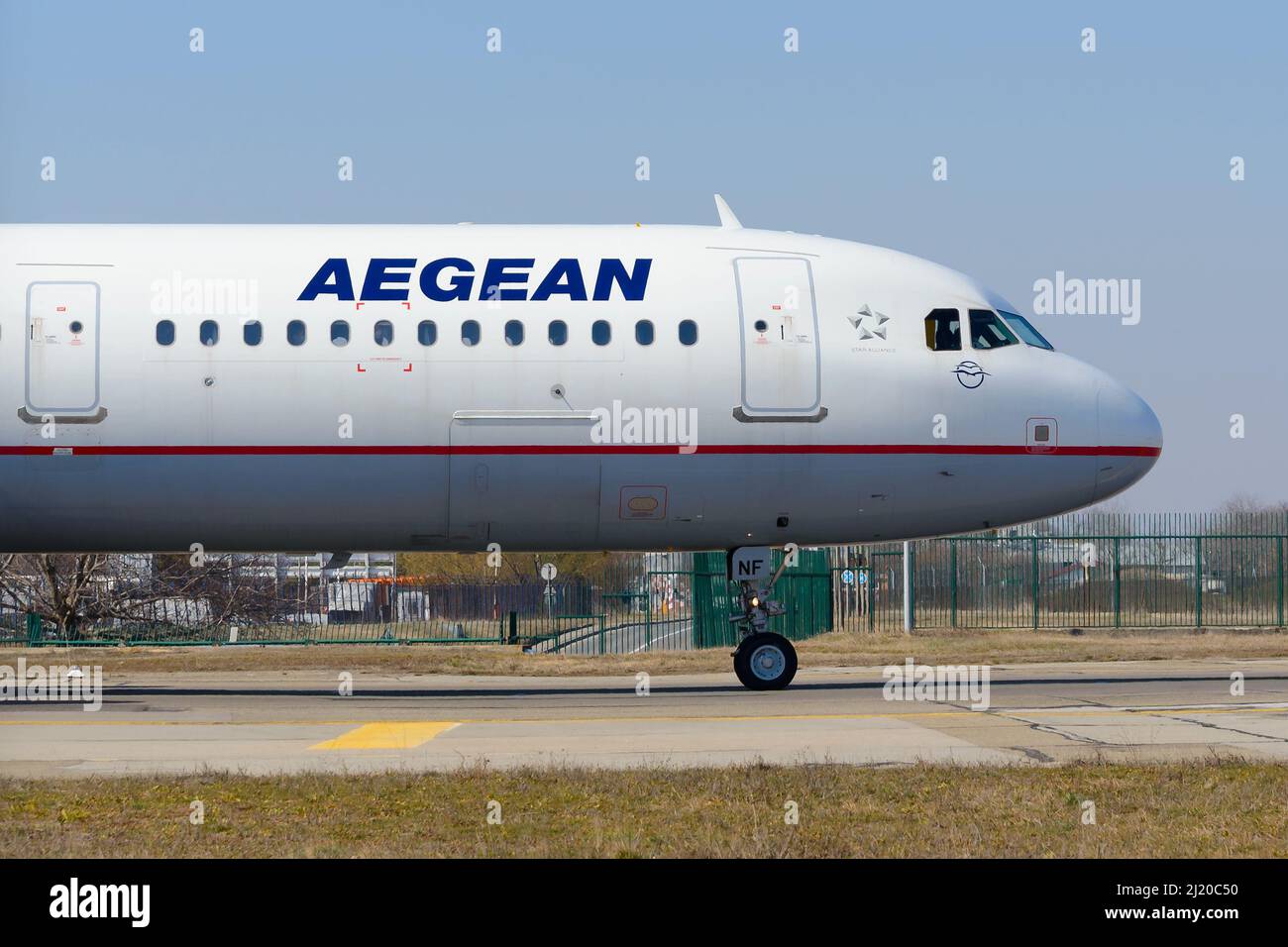 Aegean Airlines Airbus A321 aircraft taxiing before departure to Athens, Greece. Airplane A321 of Aegean Airlines. Stock Photo