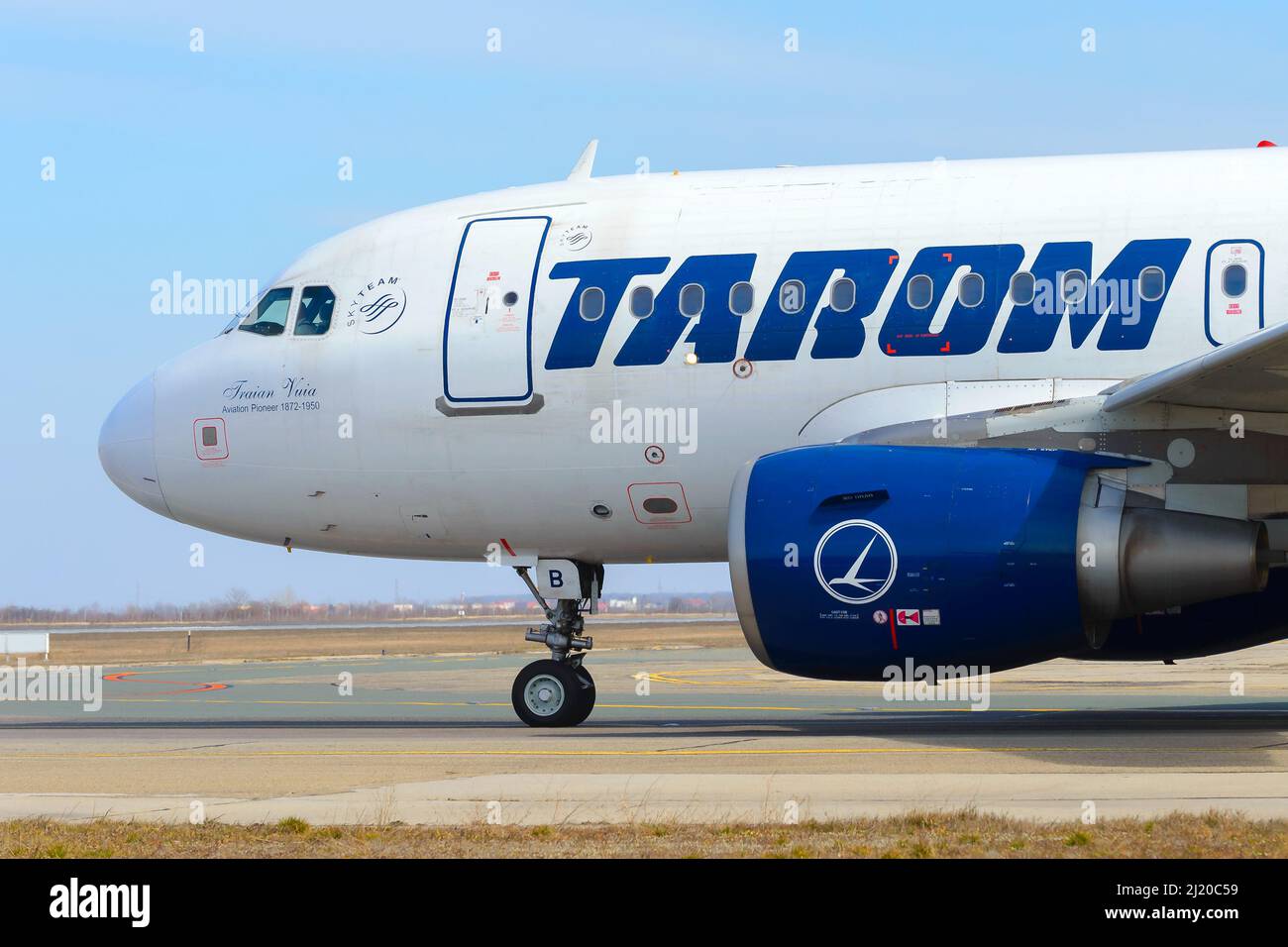TAROM Airbus A318 aircraft at Bucharest Airport. Airplane of Romanian Air Transport. A318-100 plane equipped with engine CFM56. Stock Photo
