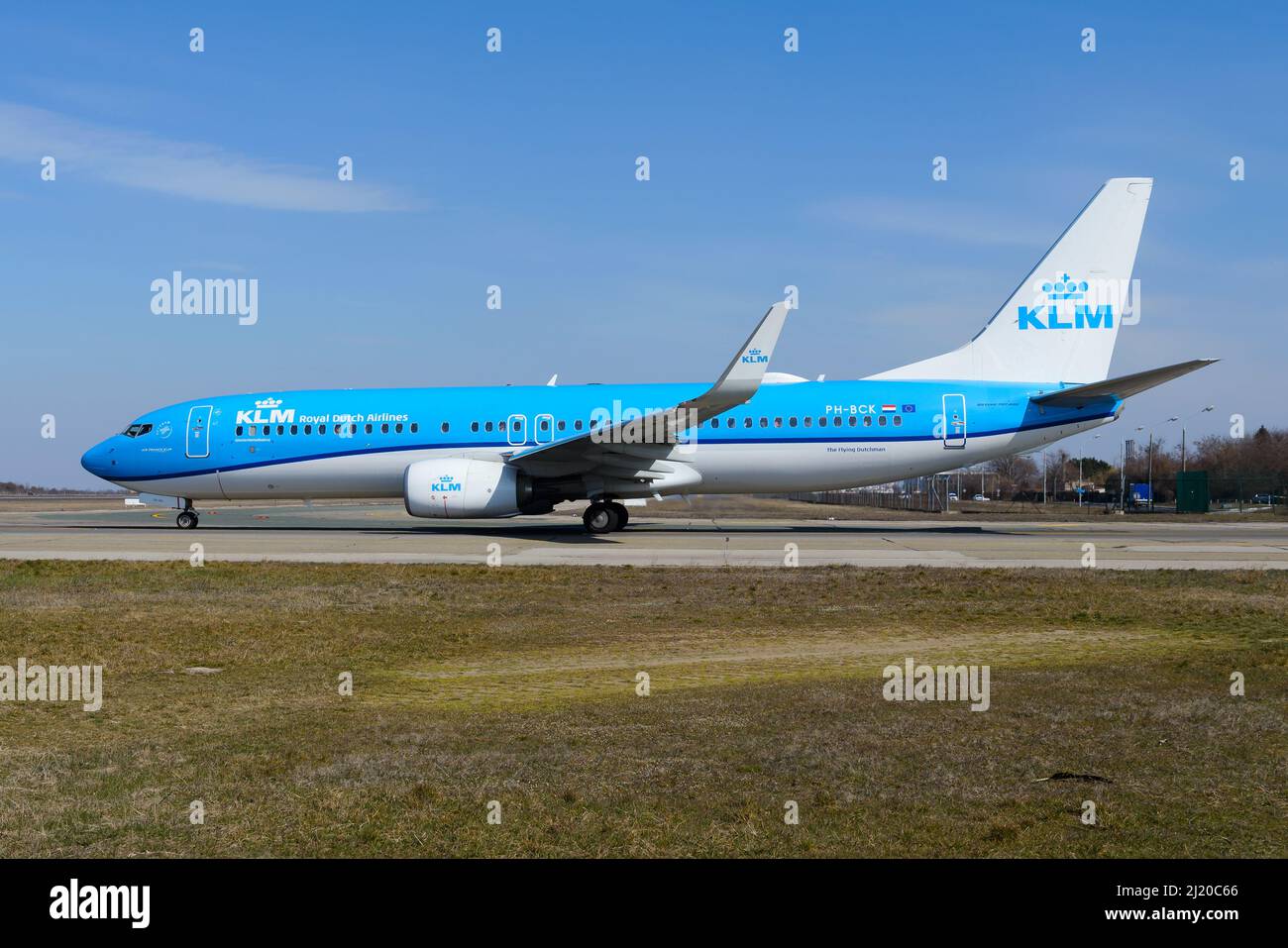 KLM Airlines Boeing 737 aircraft taxiing before departure to Amsterdam Schipol. Airplane 737-800 of Royal Dutch Airlines. Stock Photo