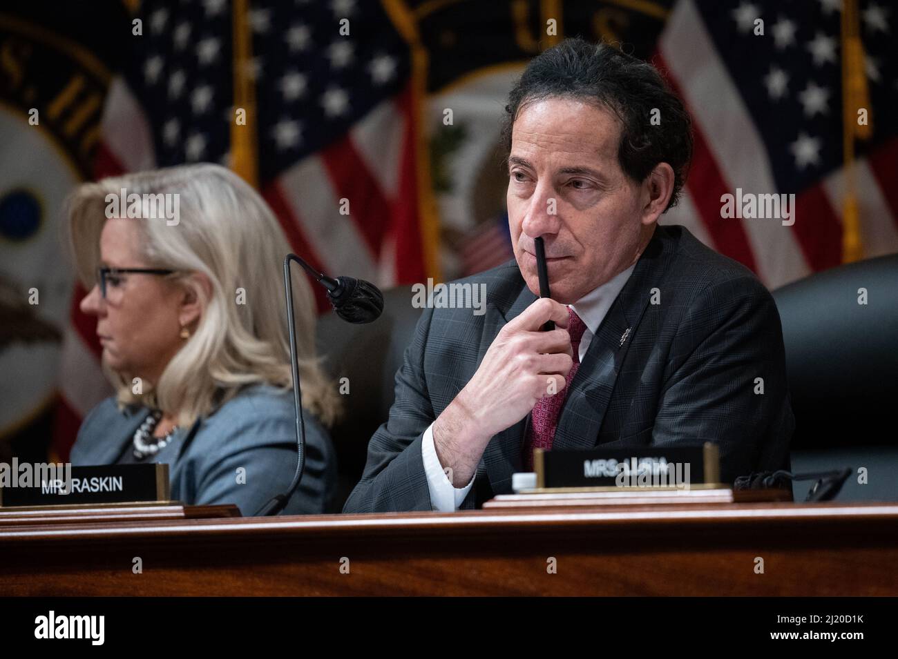 Representative Jamie Raskin (D-MD) listens to remarks during a House Select Committee to Investigate the January 6th Attack on the United States Capitol hearing to recommend that the House of Representatives cite Peter Navarro and Daniel Scavino, Jr. for criminal contempt of Congress, at the U.S. Capitol, in Washington, DC, on Monday, March 28, 2022. The House Select Committee voted to hold both former Trump Administration officials in contempt after presenting evidence that they were knowledgable of the events on that day and had not obeyed by a Congressional subpoena. (Graeme Sloan/Sipa US Stock Photo