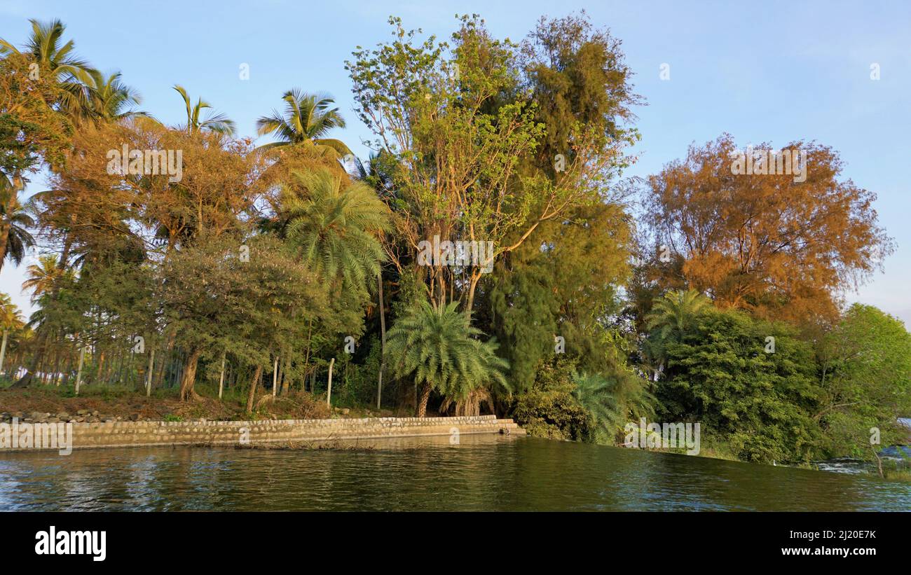 View of Cauvery river from bridge in Brindavan Gardens located inside KRS or Krishna Raja Sagara Dam. Beautiful relaxation place for people from all a Stock Photo