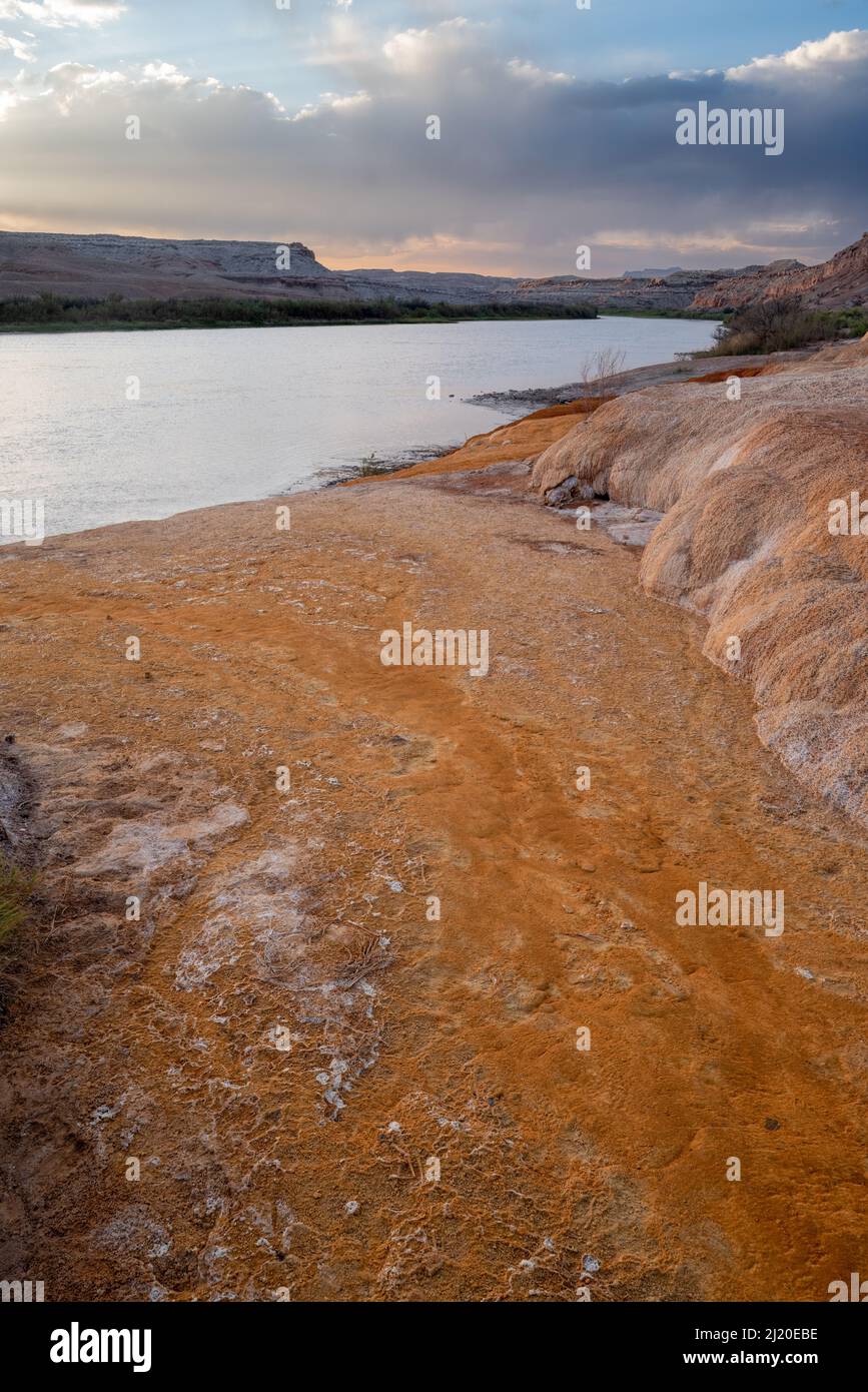 Travertine formation and Green River, Crystal Geyser, Utah. Stock Photo