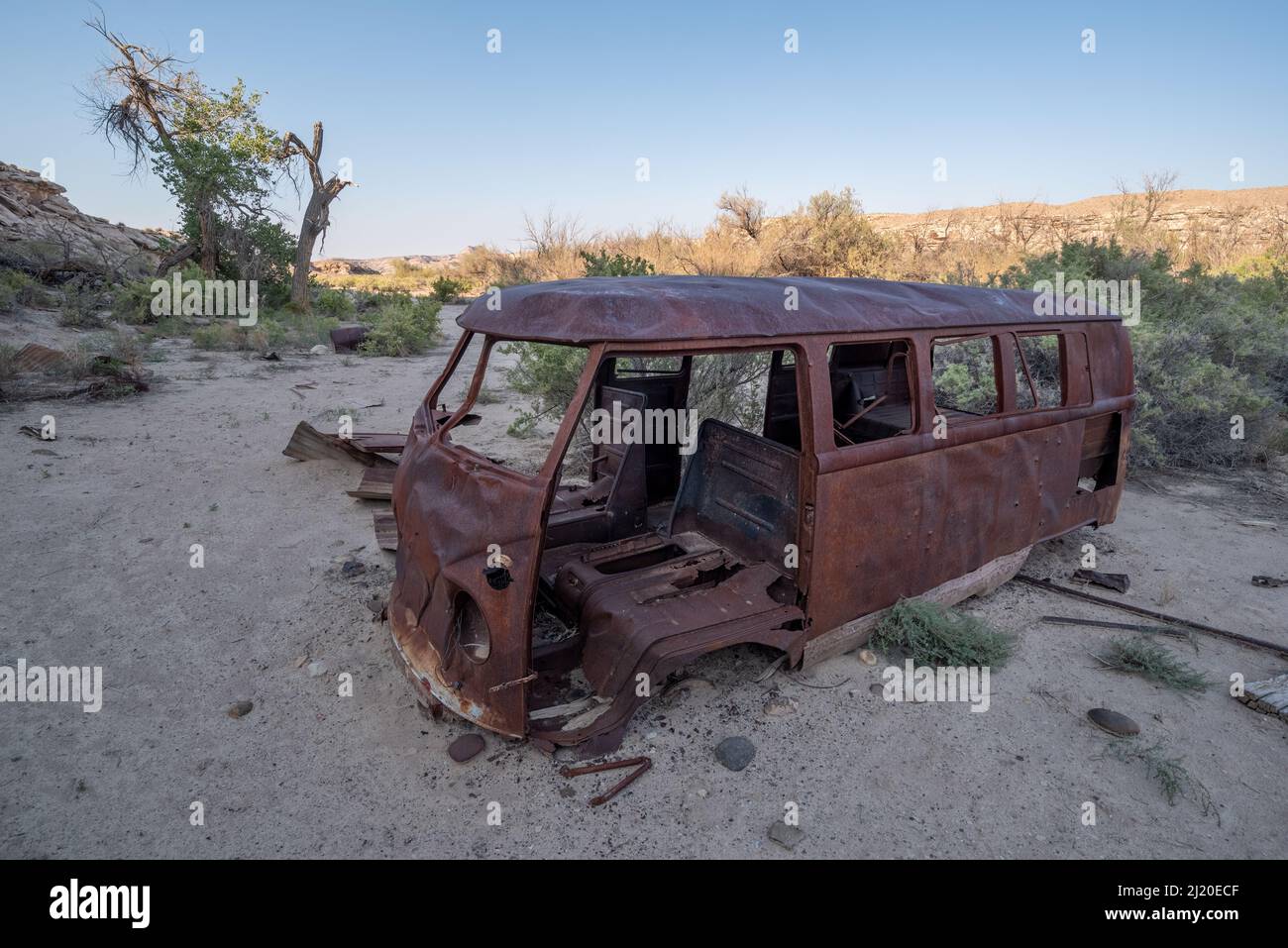 Abondoned Volkswagon bus, McCarty Bottom, Utah. Stock Photo