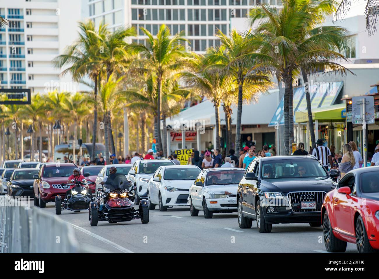 Fort Lauderdale, FL, USA - March 27, 2022: Ft Lauderdale A1A traffic Spring Break Stock Photo