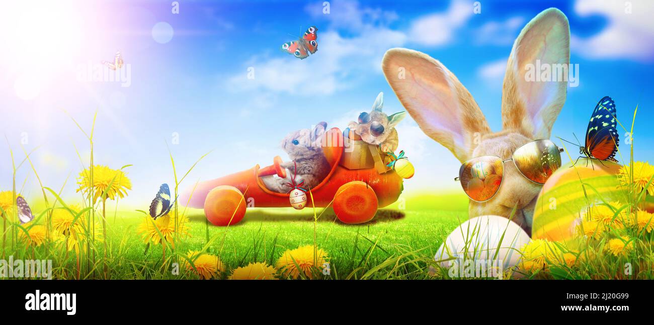 Easter composition with rabbit Festive decoration Happy Easter Stock